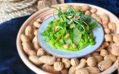 Pea and bean salad with peanuts, tarragon oil and lime